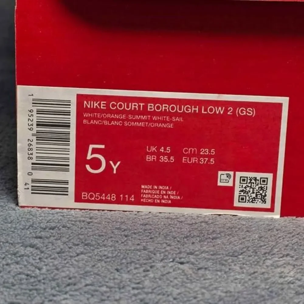 Nike Court Borough Low 2 GS White Orange Youth Size 5Y or Womens Size 6.5